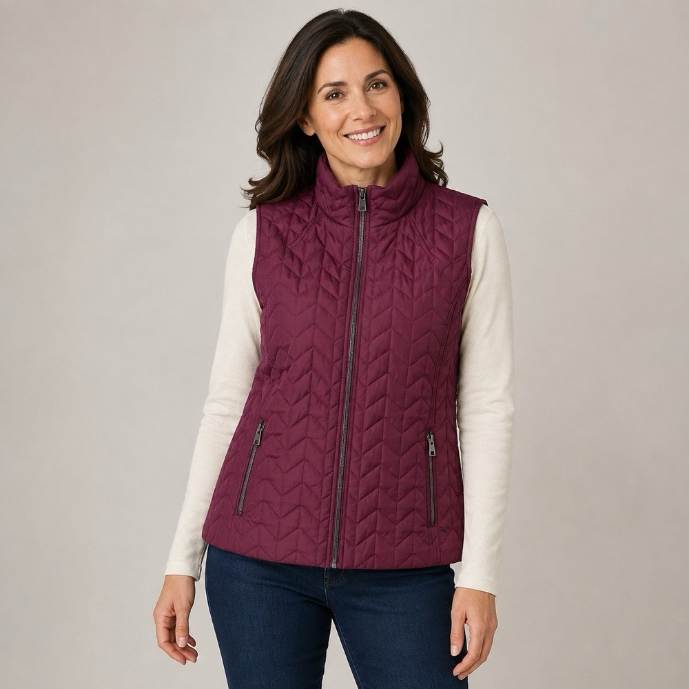 Christopher & Banks Women's Large Burgundy Quilted Puffer Vest Full Zip Pockets